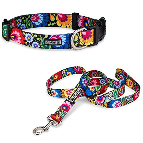 Lucky Love Dog Collars, Vivid Floral Girl or Boy Dog Collar & Leash Set for Large Dogs, Blackbird Combo, Large
