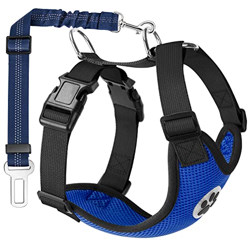 Lukovee Dog Safety Vest Harness with Seatbelt, Dog Car Harness Seat Belt Adjustable Pet Harnesses Double Breathable Mesh Fabric with Car Vehicle Connector Strap for Dog (Large, Blue)